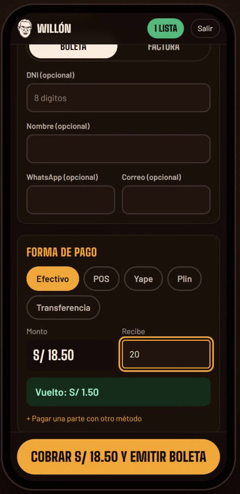 Cobro y emisión de boleta
